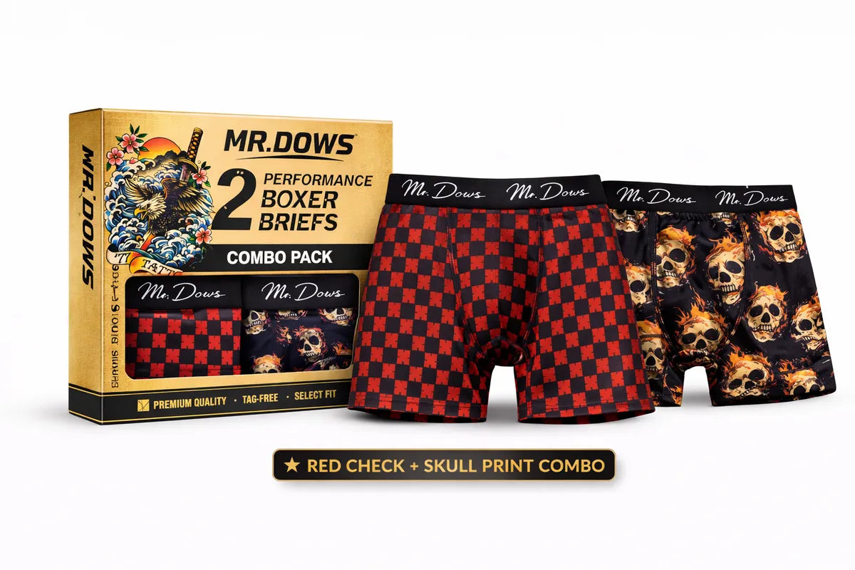 Mr. Dows Men's Performance Boxer Briefs – Red Check & Skull Print (Pack of 2)