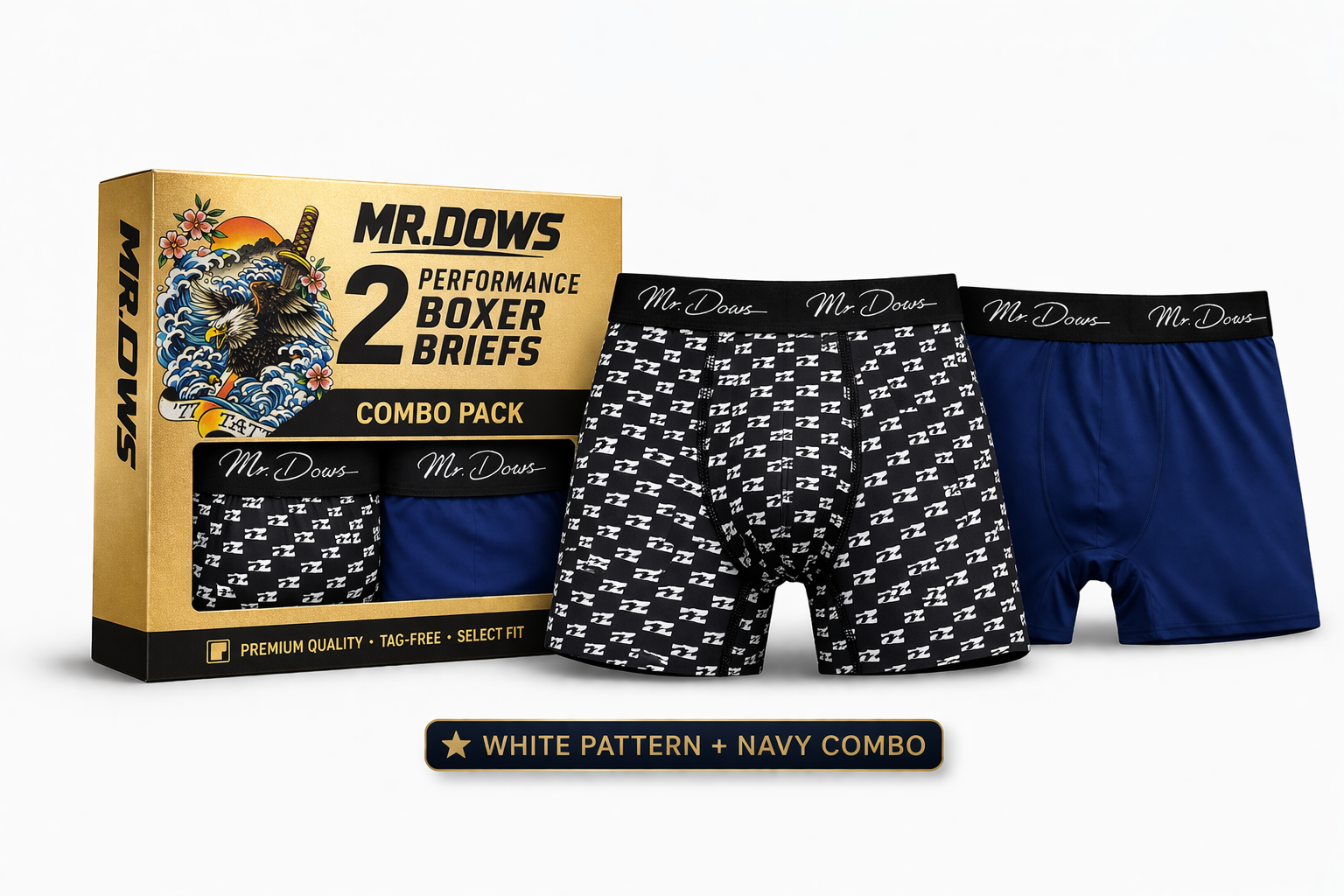 Mr. Dows Men's Performance Boxer Briefs – White Pattern & Navy (Pack of 2)
