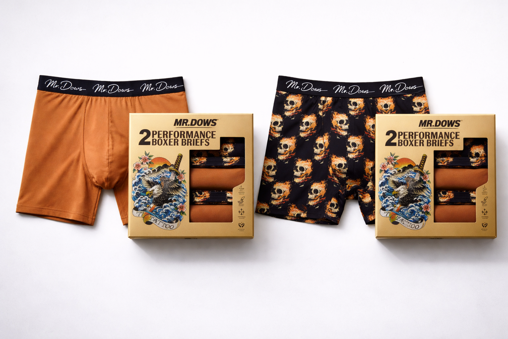 Mr. Dows Men's Performance Boxer Briefs – Burnt Caramel & Skull Print (Pack of 2)