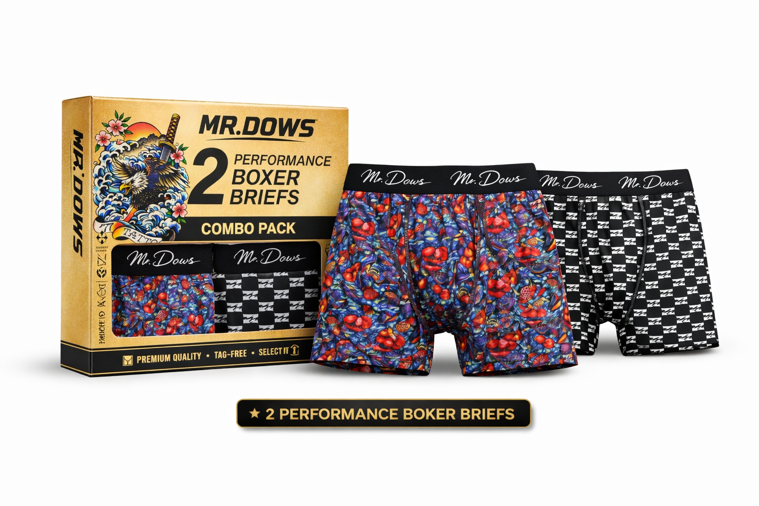 Mr. Dows Men's Performance Boxer Briefs – White Pattern & Multicolor Devil (Pack of 2)