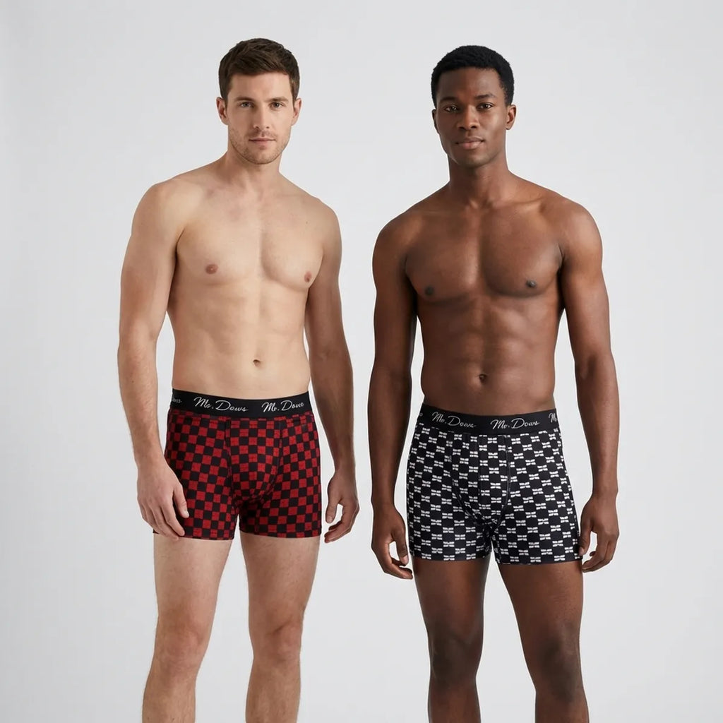 Mr. Dows Men's Performance Boxer Briefs – White Pattern & Red Check (Pack of 2)