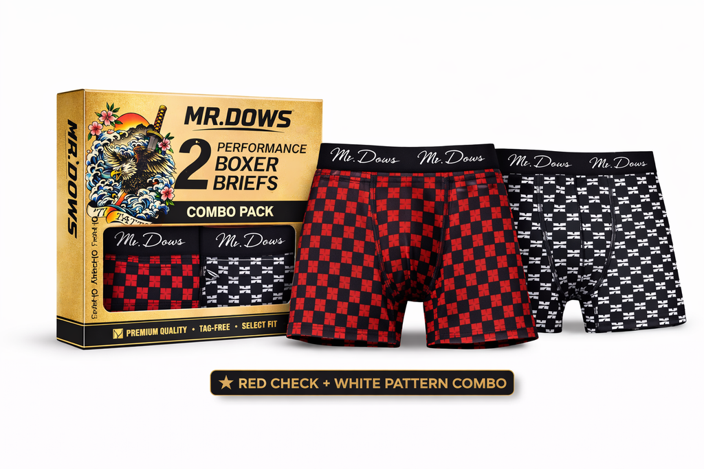 Mr. Dows Men's Performance Boxer Briefs – White Pattern & Red Check (Pack of 2)
