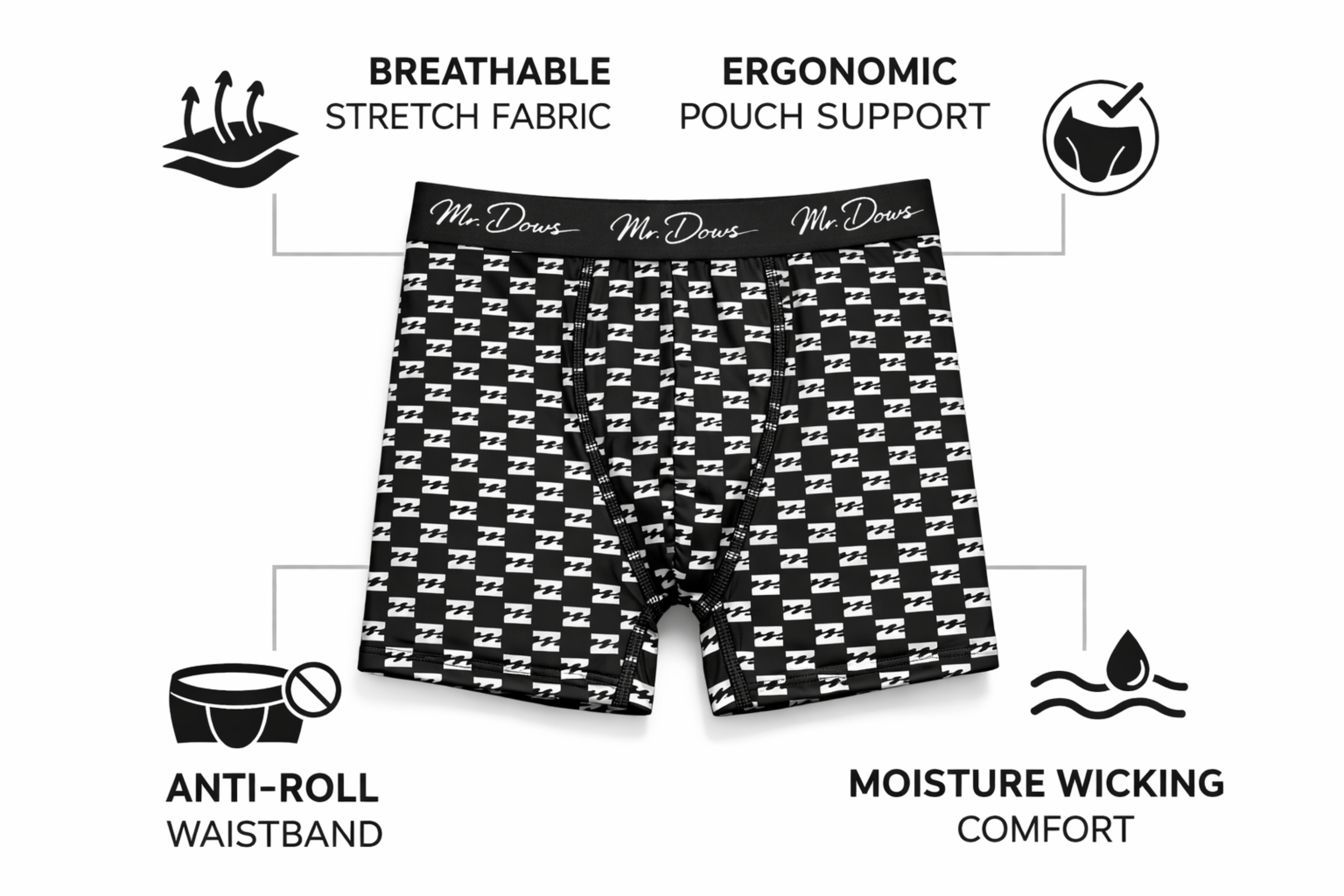 Mr. Dows Men's Performance Boxer Briefs – Black & White Pattern (Pack of 2)