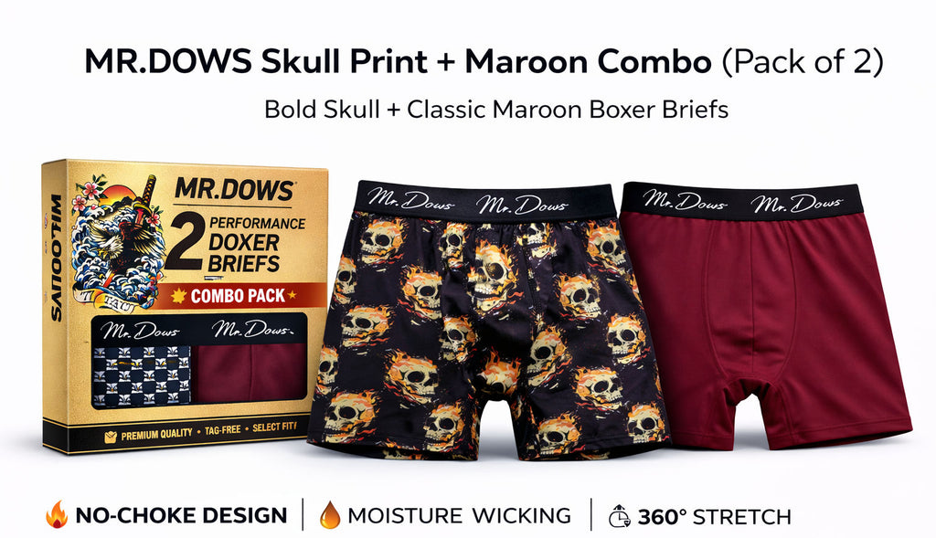 Mr. Dows Men's Performance Boxer Briefs – Maroon & Skull Print (Pack of 2)
