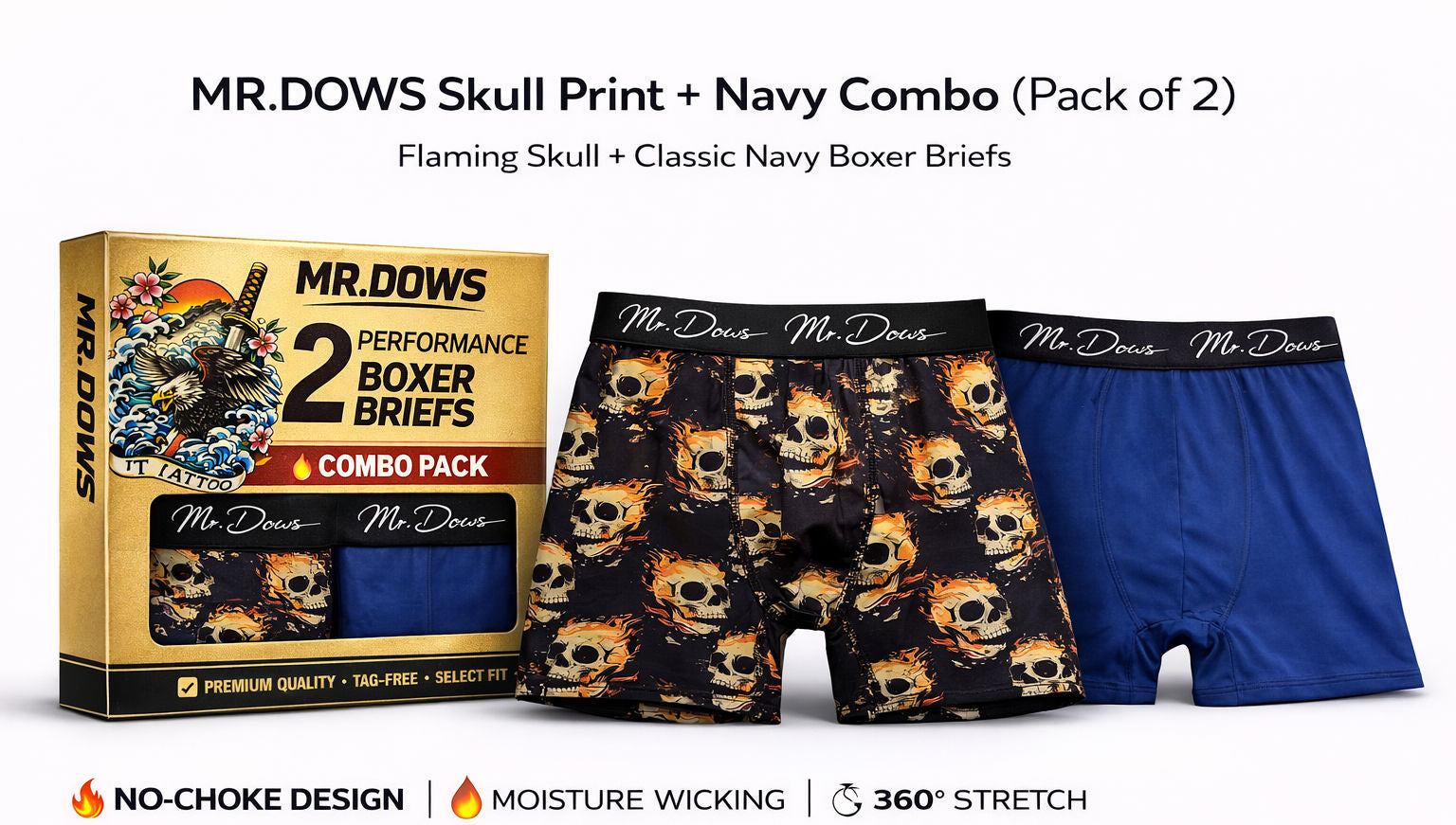 Mr. Dows Men's Performance Boxer Briefs – Navy & Skull Print (Pack of 2)
