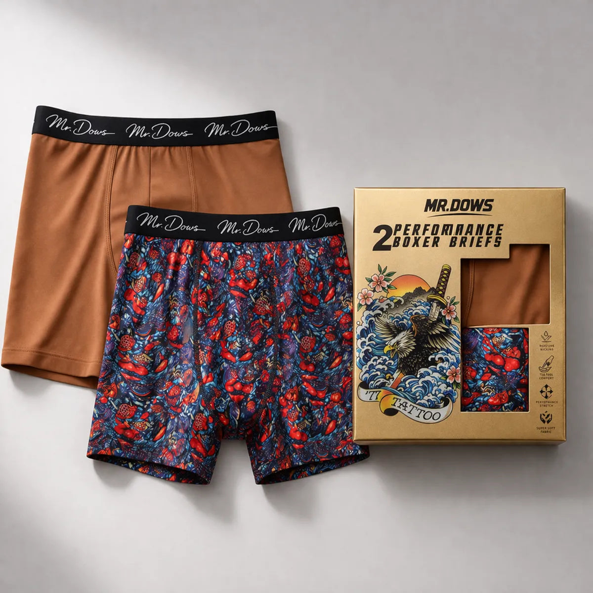 Mr. Dows Men's Performance Boxer Briefs – Burnt Caramel & Multicolor Devil (Pack of 2)
